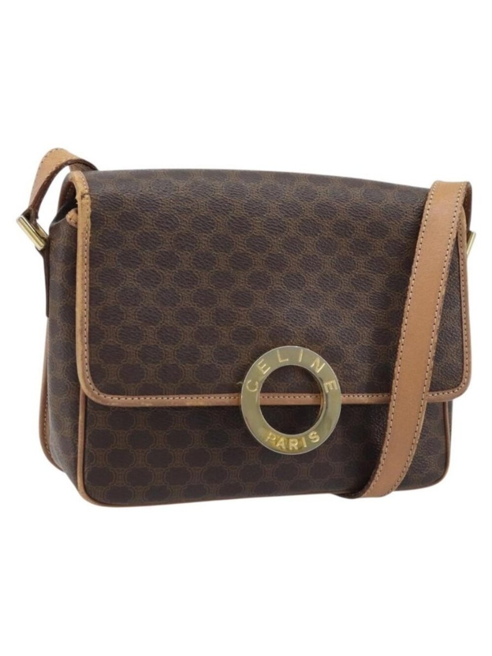 Authentic CELINE Macadam Canvas Circle Shoulder Bag PVC Leather Brown Gold